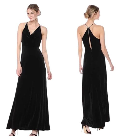 Jenny Yoo Collection Sullivan Dress Drape Neck Velvet Black Size 8 - Picture 1 of 12